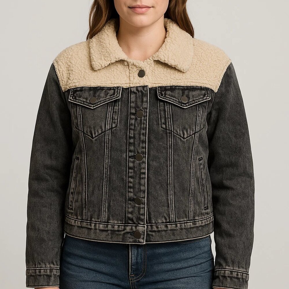 Ava + Kris Sherpa Black Stone Wash Denim Trucker Jacket Women's Size Medium NWOT